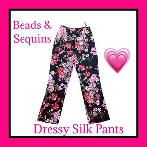 Gorgeous KAY UNGER Black Silk Satin Evening Pant Beads Sequins Floral Sz8